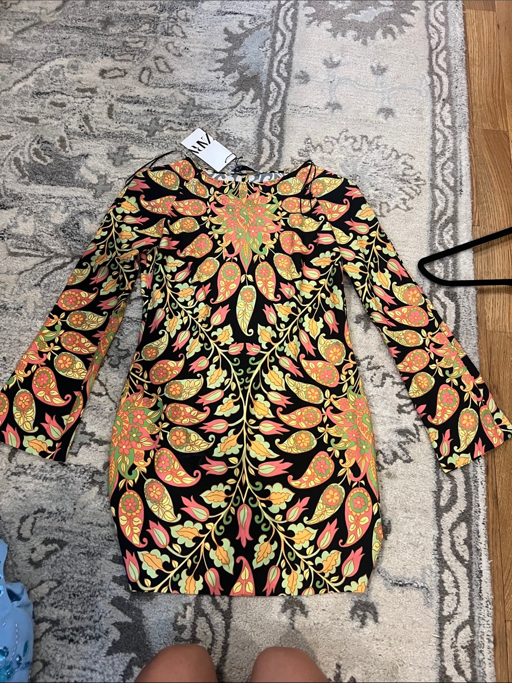 Zara Black Long-Sleeve Dress with Yellow, Orange & Pink Paisley Motif